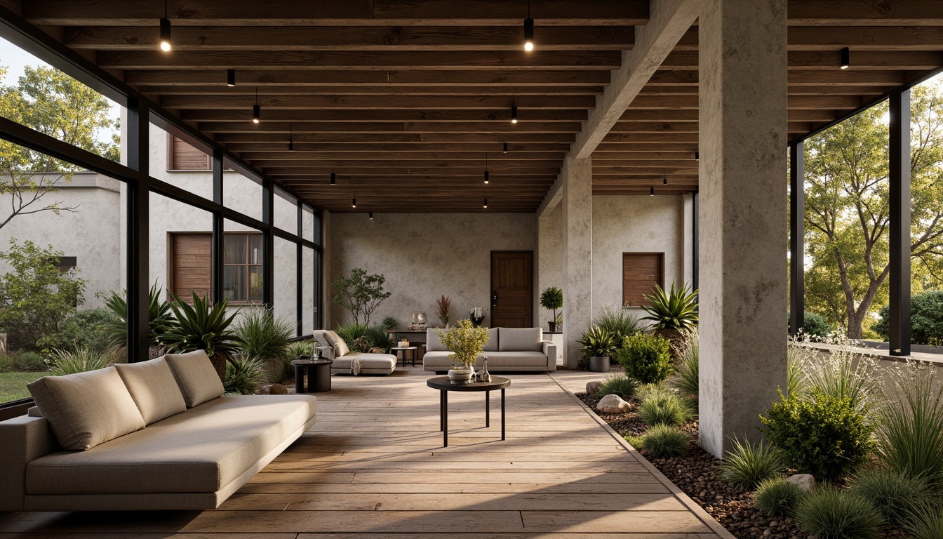 Prompt: Earthy tones, natural textures, weathered wood accents, industrial metal frames, reclaimed wooden planks, eco-friendly materials, low-maintenance surfaces, durable concrete structures, rustic stone walls, earthy color palette, warm ambient lighting, shallow depth of field, 1/1 composition, realistic rendering, subtle grain texture.