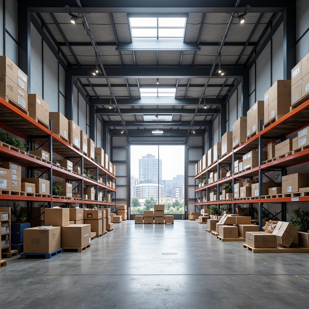 Prompt: Industrial distribution center, functional layout, neutral color palette, concrete floors, steel beams, metal racks, cardboard boxes, shipping containers, fluorescent lighting, high ceilings, open spaces, urban surroundings, cityscape views, modern architecture, clean lines, minimal decor, efficiency-focused design, natural light, airy atmosphere, 3/4 composition, shallow depth of field, realistic textures.