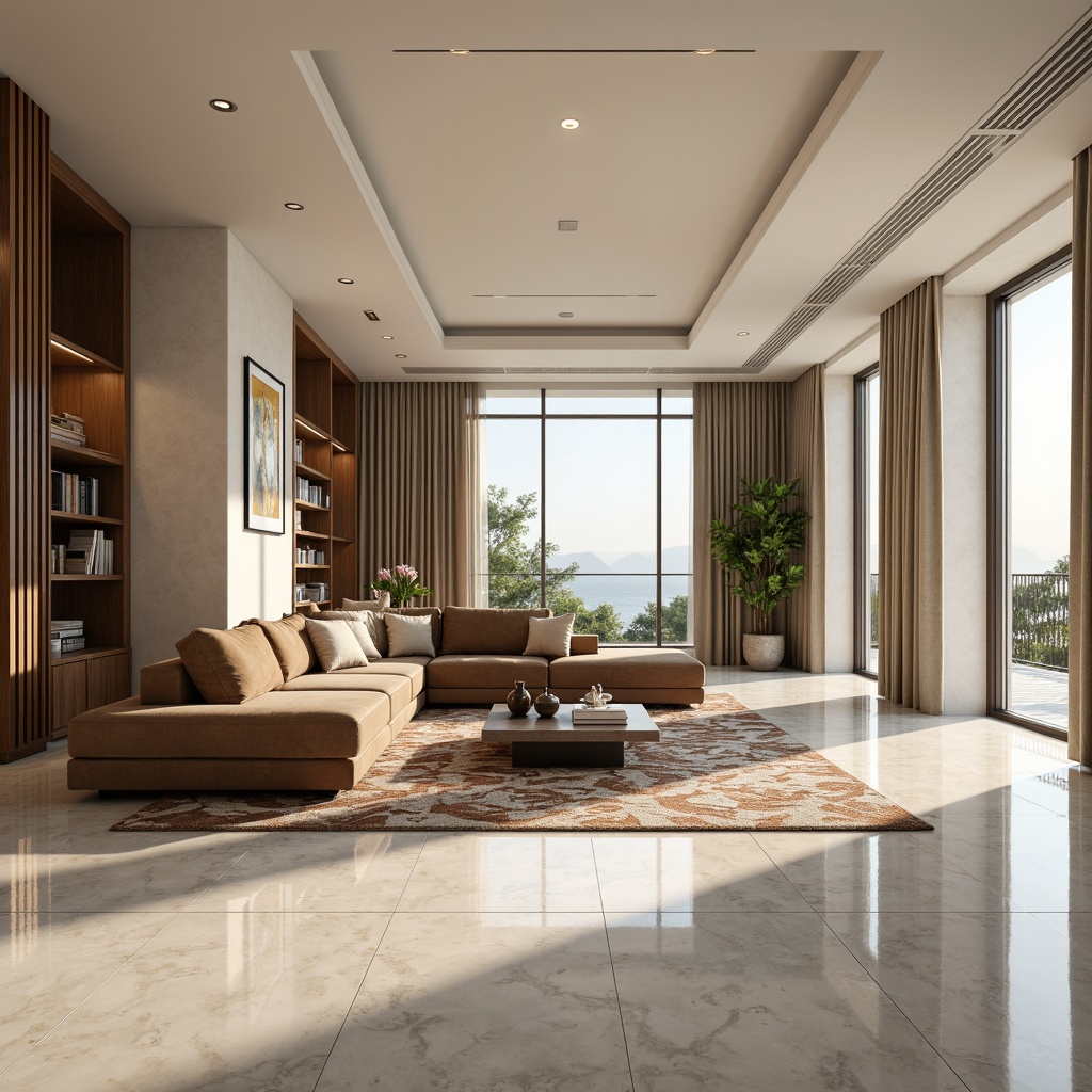 Prompt: Modern luxurious living room, sleek minimalist furniture, polished marble flooring, cream-colored walls, floor-to-ceiling windows, soft warm lighting, cozy reading nook, plush velvet sofas, geometric patterned rugs, metallic accents, ambient occlusion, 3/4 composition, shallow depth of field, panoramic view, realistic textures.