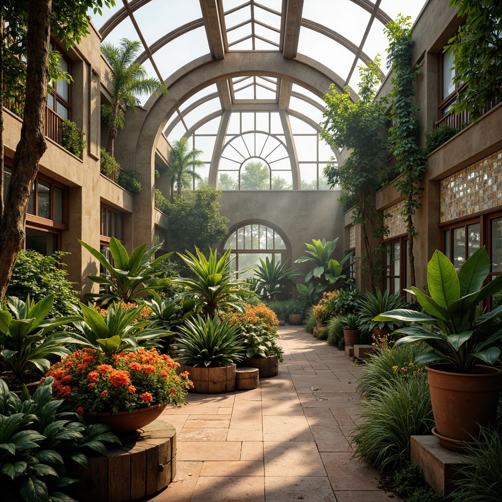 Prompt: Vibrant botanical greenhouse, lush tropical plants, exotic flowers, natural stone walls, curved glass roofs, warm misty atmosphere, soft diffused lighting, ambient shadows, earthy terracotta pots, reclaimed wood accents, organic shapes, fluid lines, whimsical architecture, expressive structures, bold color palette, bright green hues, warm beige tones, rich brown textures, iridescent glass mosaics, delicate leaf patterns, intricate branch details, dreamy ethereal ambiance, 1/1 composition, shallow depth of field, realistic reflections.