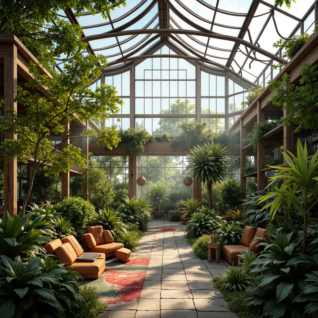 Prompt: Vibrant greenhouse interior, lush tropical plants, curved glass roof, steel frame structure, natural light pouring in, warm sunny day, soft diffused lighting, misty atmosphere, expressive brushstroke textures, bold colorful accents, organic shapes, whimsical decorations, distressed wood accents, rustic metal details, playful spatial arrangements, 1/2 composition, shallow depth of field, warm color palette.