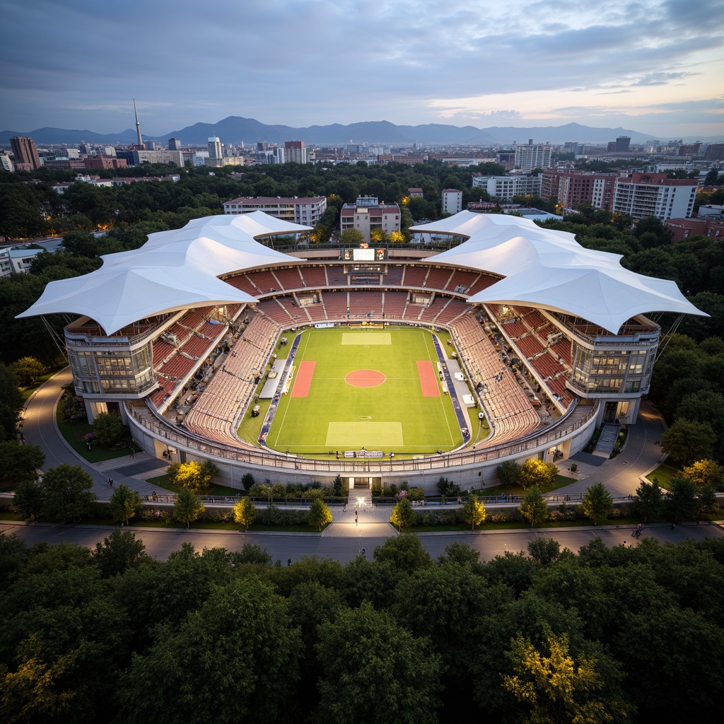 Prompt: Retractable roof, cantilevered design, dynamic curvature, tensile fabric membranes, steel cable structures, kinetic architecture, grandstand seating, sports floodlights, lush greenery, urban skyline views, evening ambiance, warm golden lighting, shallow depth of field, 1/2 composition, symmetrical layout, realistic textures, ambient occlusion.