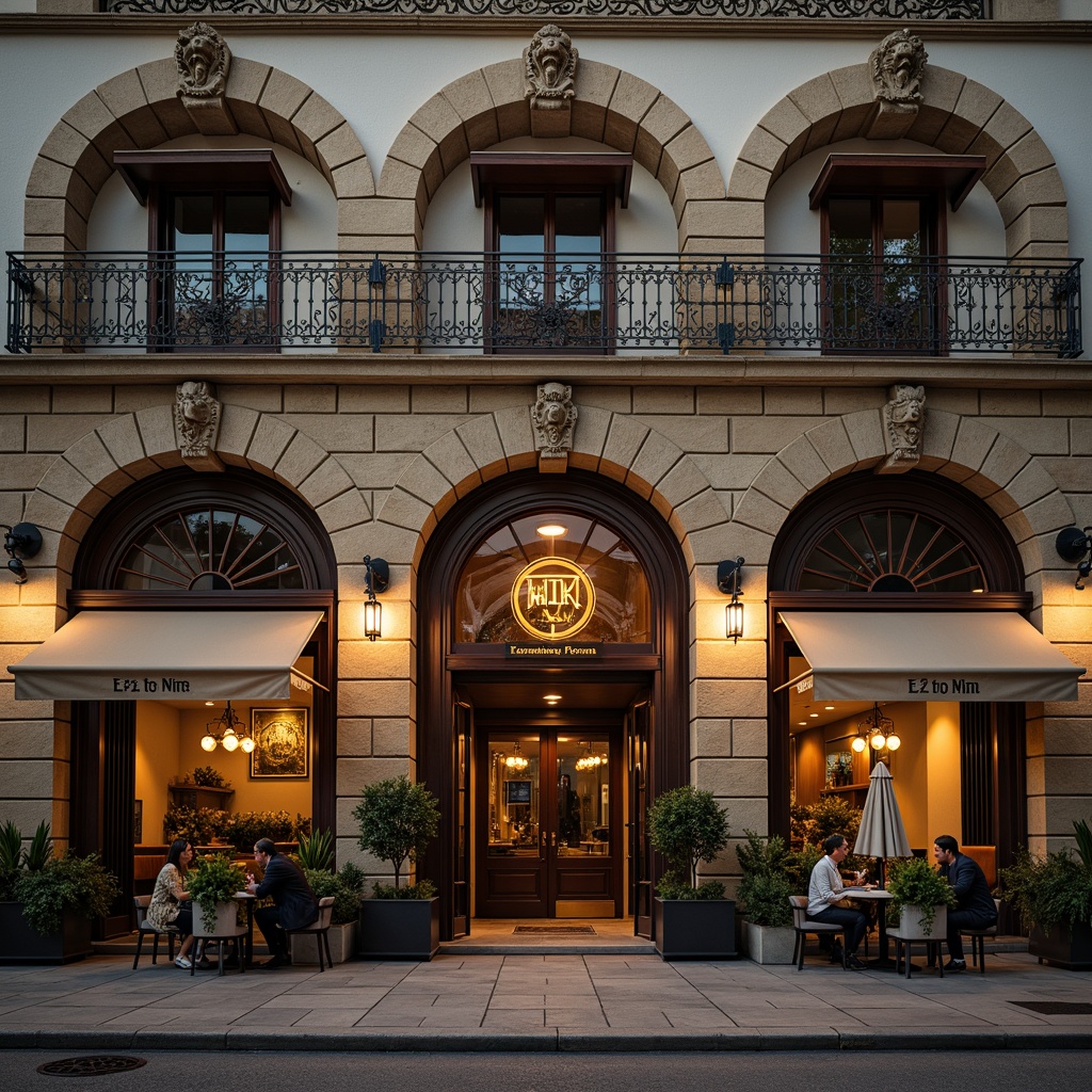 Prompt: Ornate restaurant facade, grand entrance arches, rustic stone walls, ornamental columns, decorative balconies, curved window frames, Renaissance-inspired carvings, warm golden lighting, rich wood accents, classic awnings, vintage signage, elegant ironwork, refined stonework, soft focus photography, shallow depth of field, 2/3 composition, natural textures, ambient occlusion.