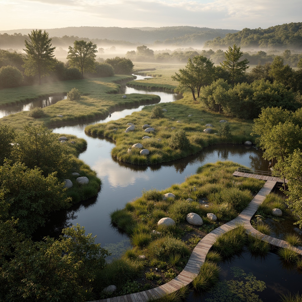 Prompt: Winding waterways, lush wetland vegetation, naturalistic ponds, organic curves, meandering boardwalks, rustic wooden bridges, wildlife habitats, native aquatic plants, serene misty mornings, soft warm lighting, shallow depth of field, 1/2 composition, panoramic view, realistic textures, ambient occlusion, earthy tones, subtle color palette, harmonious ecosystem, sustainable design principles.