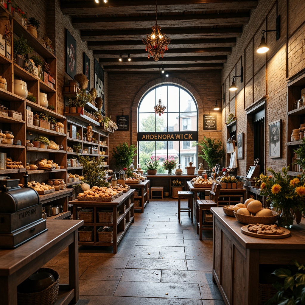 Prompt: Vintage grocery store, distressed wooden shelves, ornate metal racks, antique cash registers, rustic wooden tables, woven baskets, floral patterns, soft warm lighting, shallow depth of field, 3/4 composition, romantic color palette, earthy tones, natural stone flooring, brick walls, arched windows, elegant typography, decorative tile work, rich fabrics, opulent chandeliers, lush greenery, fresh flowers, artisanal food displays, gourmet product arrangements, warm inviting atmosphere.