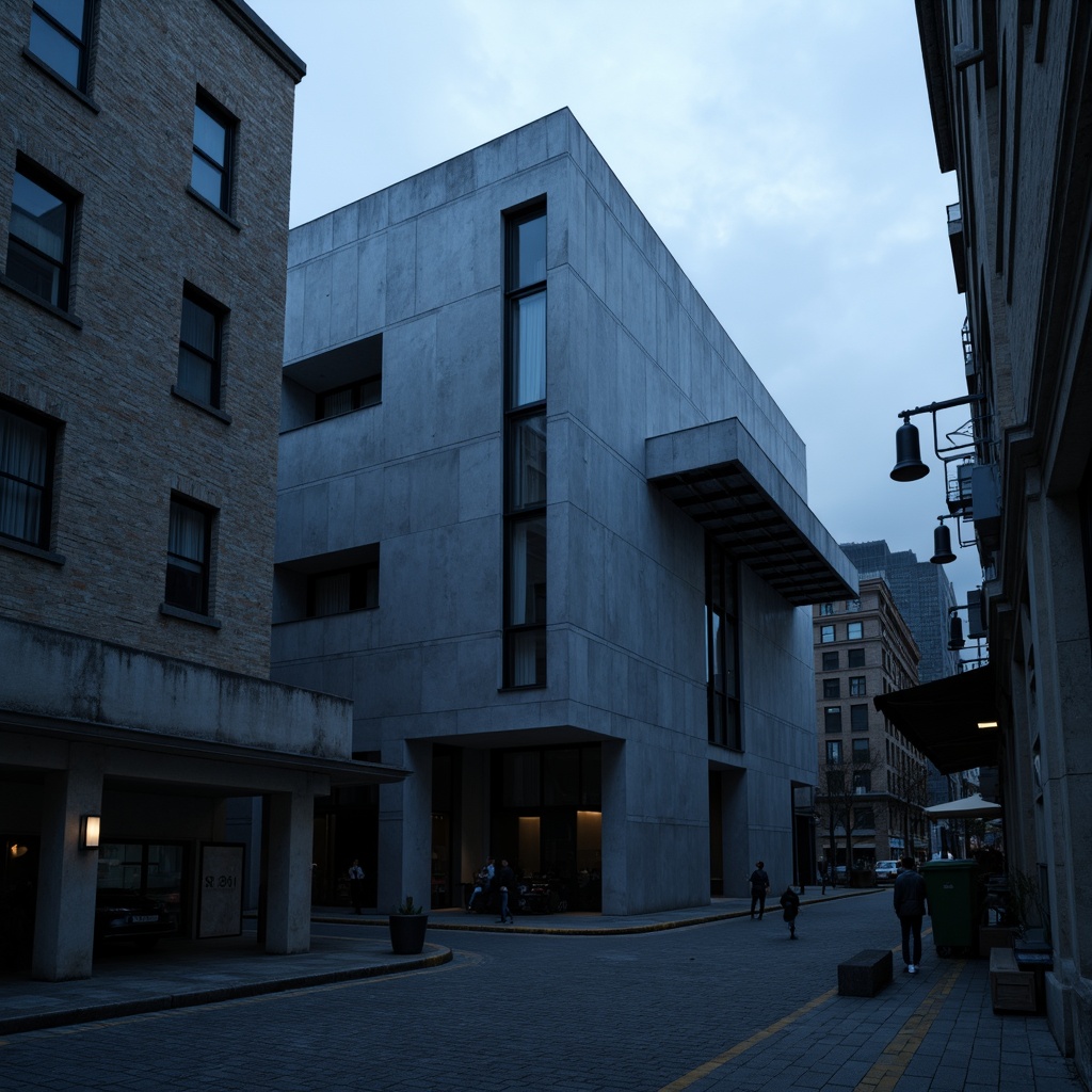 Prompt: Monochromatic brutalist building, navy blue concrete walls, industrial metal beams, rugged stone textures, minimalist modern architecture, urban cityscape, overcast sky, dramatic shadows, high-contrast lighting, abstract geometric patterns, bold structural elements, raw unfinished surfaces, functional simplicity, brutal honesty, atmospheric mist, low-angle photography, cinematic mood, gritty realism.