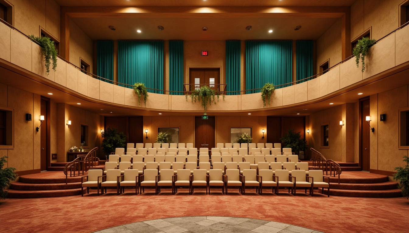 Prompt: Earthy tone auditorium, warm beige walls, rich wood accents, soft golden lighting, comfortable seating, natural stone floors, rustic metal details, vibrant turquoise highlights, earthy red carpets, organic curved lines, minimal ornamentation, functional layout, warm neutral colors, cozy atmosphere, subtle texture variations, realistic materiality, soft focus blur, 1/1 composition, intimate setting, ambient occlusion.