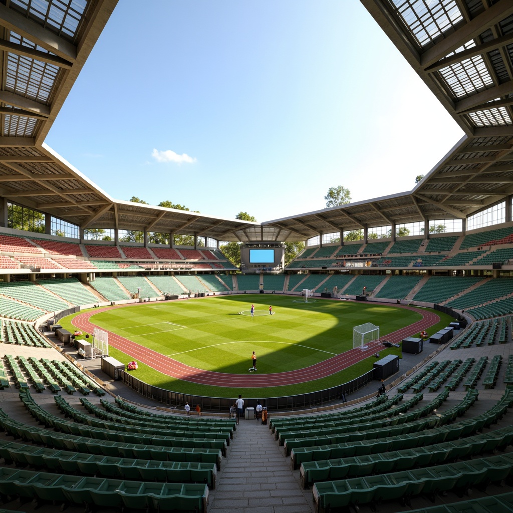 Prompt: Open-air stadium, lush green grass, athletic tracks, soccer goals, basketball hoops, tennis courts, vibrant colors, natural stone bleachers, cantilevered roofs, large overhangs, clerestory windows, skylights, transparent roofing materials, reflective surfaces, minimized shading devices, southeastern orientation, early morning light, warm afternoon sun, soft diffused lighting, high-contrast ratio, 1/2 composition, wide-angle lens, realistic textures, ambient occlusion.