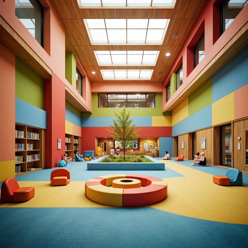 Prompt: Vibrant kindergarten interior, playful structuralist architecture, bold colored blocks, geometric shapes, open-plan classrooms, circular reading nooks, cozy carpeted areas, natural wood accents, minimalist decor, abundant natural light, clerestory windows, soft warm lighting, shallow depth of field, 1/1 composition, symmetrical layout, minimal ornamentation, functional simplicity, educational signage, interactive play equipment, kid-friendly furniture, collaborative learning spaces, flexible modular design.