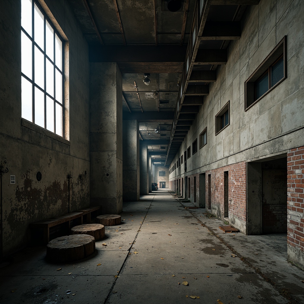 Prompt: Rugged concrete walls, exposed ductwork, industrial pipes, metal beams, raw unfinished surfaces, brutalist architecture, fortress-like structures, bold geometric shapes, dramatic shadows, high-contrast lighting, gritty urban atmosphere, abandoned factories, distressed textures, crumbling brick facades, peeling paint, rusted steel, worn wooden planks, overcast skies, moody ambiance, cinematic composition, extreme depth of field, high-dynamic-range capture.