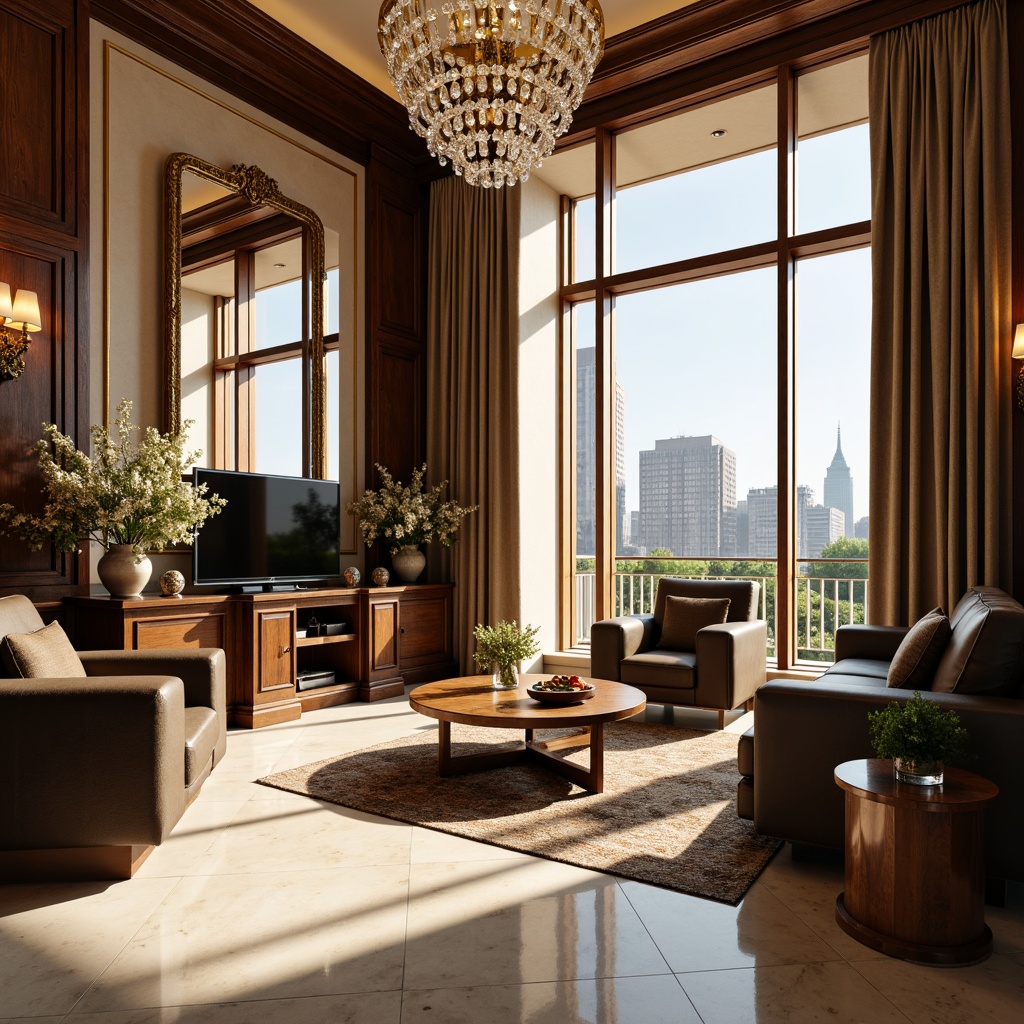 Prompt: Luxurious penthouse, rich mahogany wood, opulent golden accents, lavish velvet drapes, soft cream marble floors, elegant crystal chandeliers, refined beige walls, sophisticated dark brown leather furniture, ornate bronze decorative fixtures, lavish greenery, blooming flowers, majestic city skyline views, warm golden lighting, shallow depth of field, 1/1 composition, realistic textures, ambient occlusion.