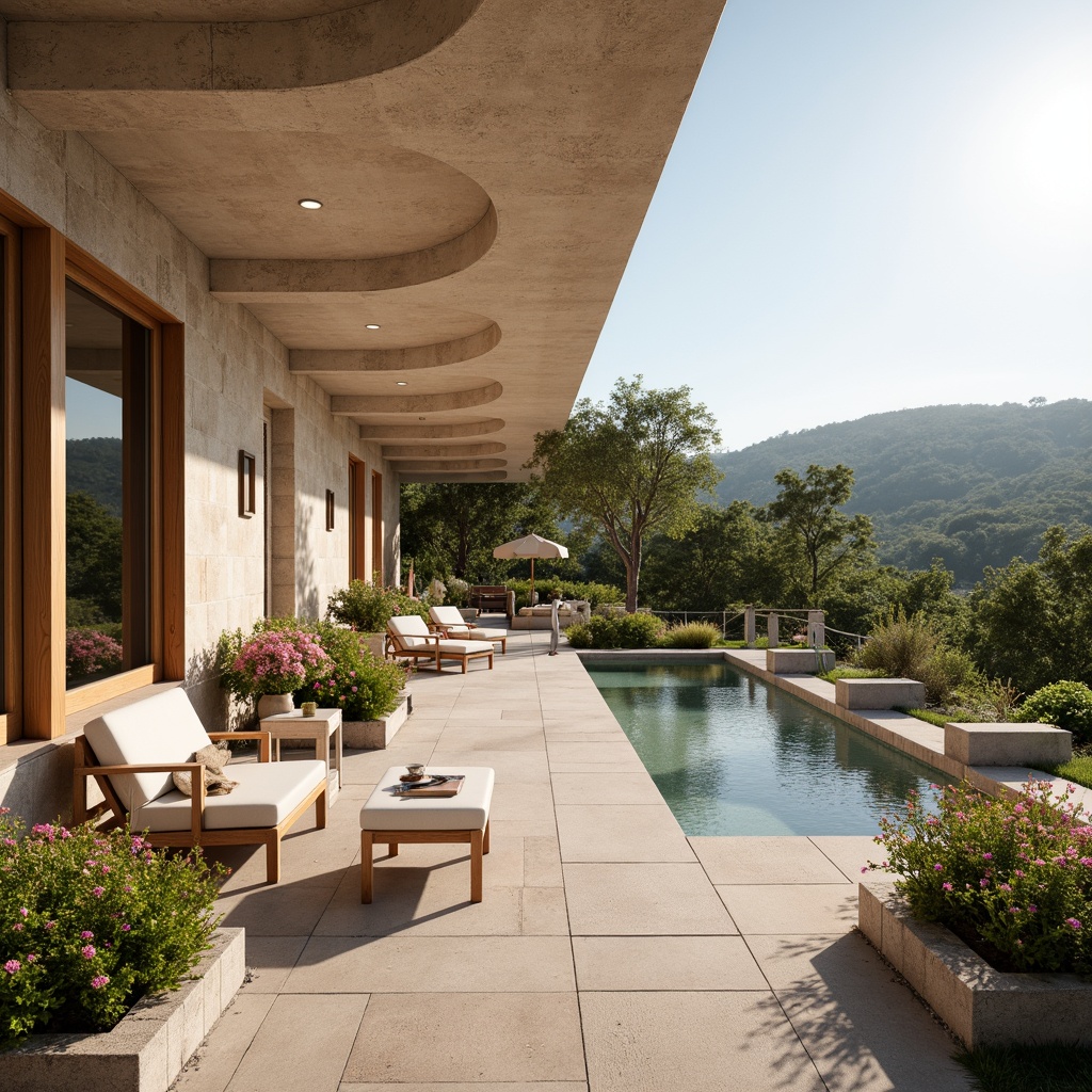 Prompt: Earth-toned villa, organic curves, natural materials, wooden accents, lush greenery, vibrant flowers, serene water features, soft warm lighting, shallow depth of field, 3/4 composition, panoramic view, realistic textures, ambient occlusion, harmonious color palette, pastel hues, earthy tones, soft pinks, calming blues, creamy whites, natural stone walls, reclaimed wood floors, rustic metal details, minimalist decor, cozy atmosphere.