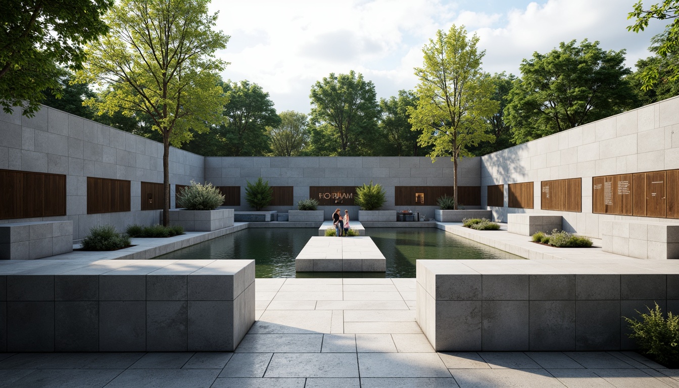 Prompt: Granite memorial walls, bronze plaques, solemn atmosphere, natural light filtering, abstract sculptures, minimal ornamentation, clean lines, rectangular forms, flat roofs, large open spaces, calm water features, lush greenery, modernist landscaping, somber color palette, subtle texture variations, realistic material rendering, 1/1 composition, softbox lighting, shallow depth of field.