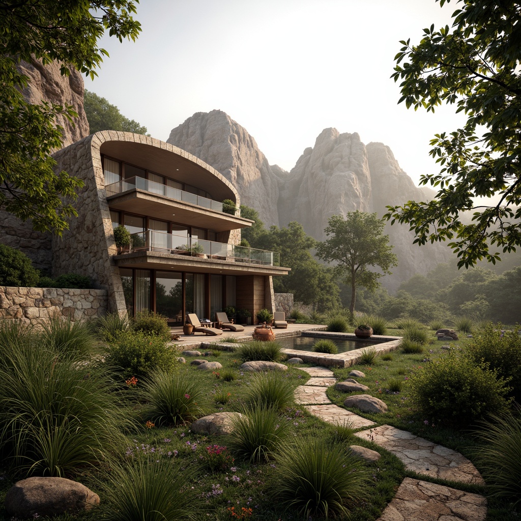 Prompt: Secluded villa, organic architecture, curved lines, natural materials, blending with surroundings, lush greenery, native plants, wildflowers, meandering pathways, wooden decks, stone walls, earthy tones, soft warm lighting, misty morning, shallow depth of field, 1/1 composition, intimate perspective, realistic textures, ambient occlusion, serene atmosphere.