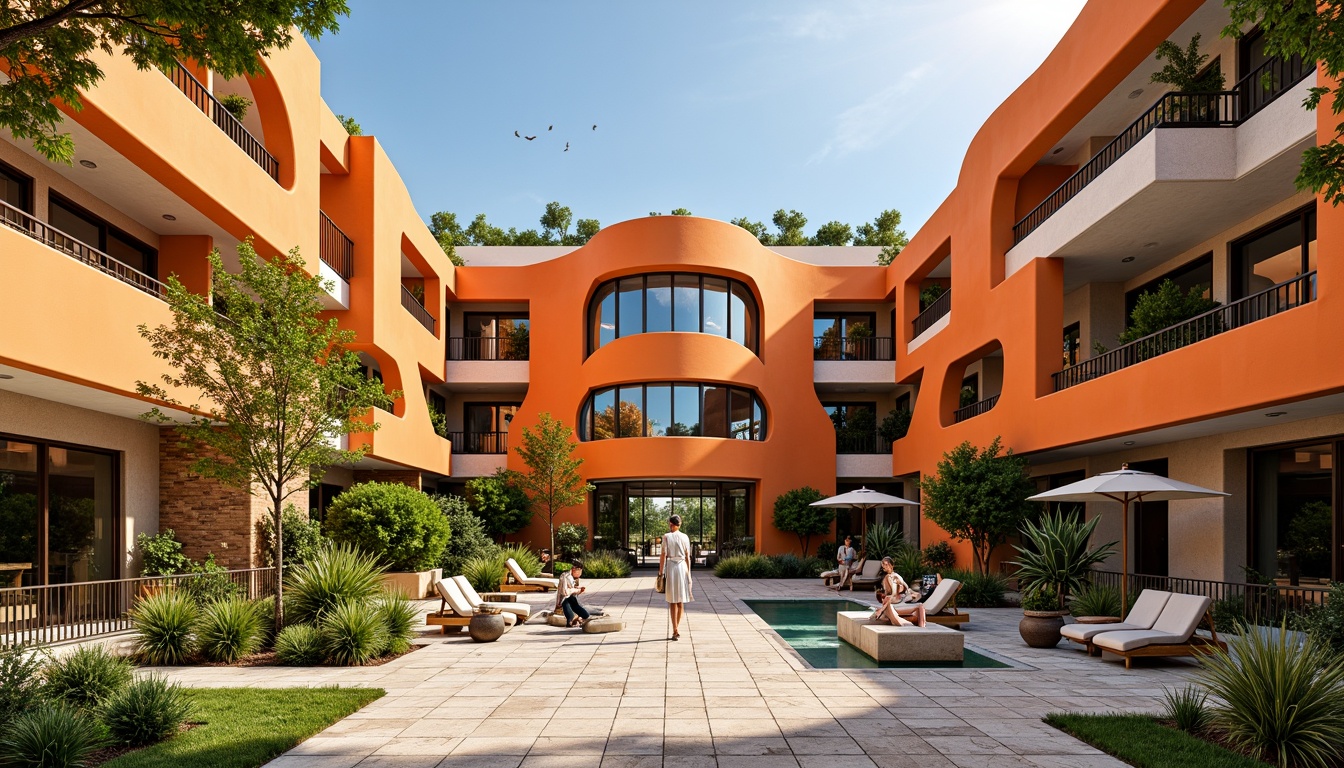 Prompt: Vibrant tangerine accents, modern building facade, sleek lines, bold shapes, dynamic curves, sun-kissed Mediterranean architecture, warm beige stonework, rich wood tones, lush greenery, tropical plants, outdoor seating areas, colorful ceramic tiles, playful water features, lively urban plaza, bright sunny day, high-contrast lighting, dramatic shadows, 1/1 composition, wide-angle lens, vivid textures, stylized reflections.