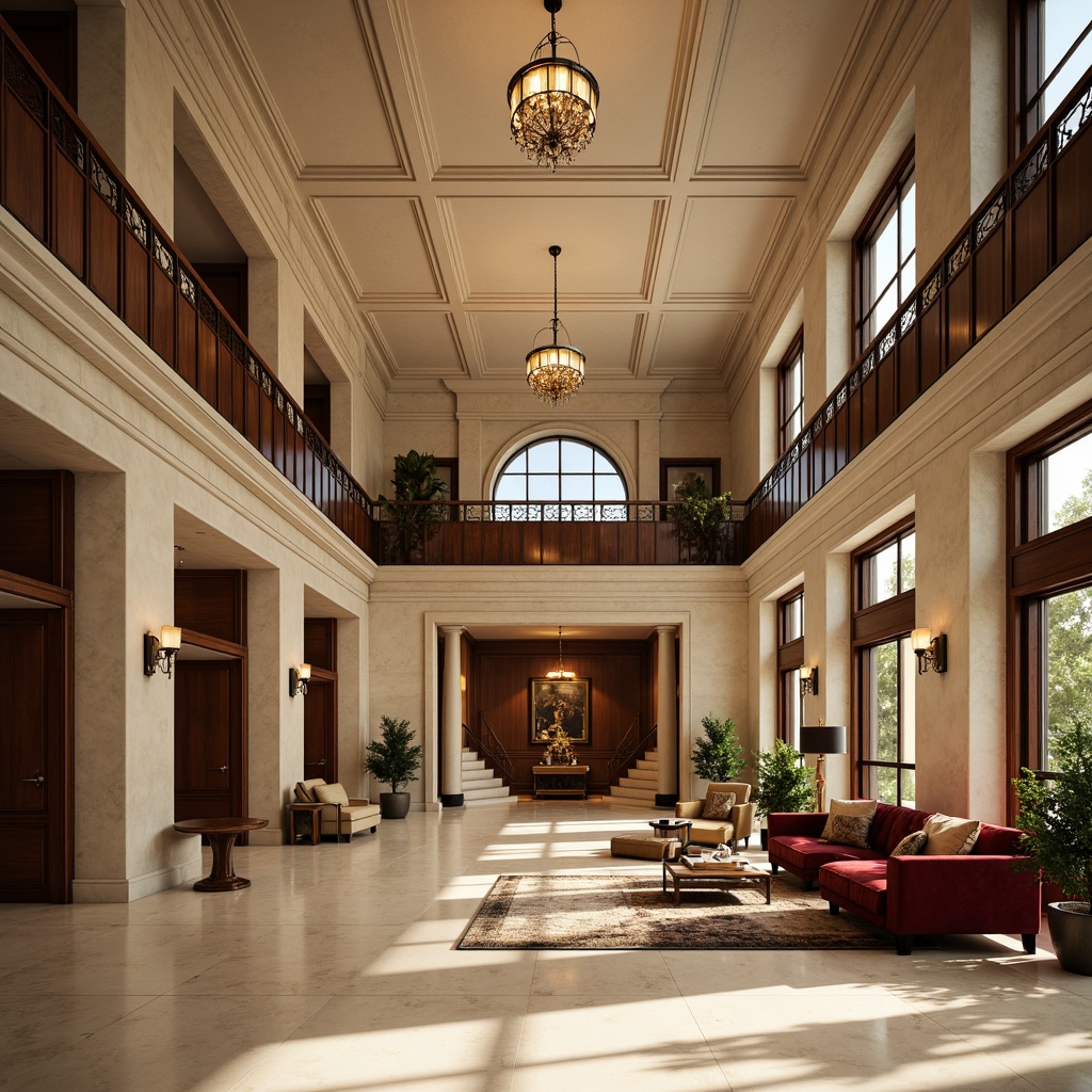 Prompt: Luxurious loft interior, neoclassical architecture, cream-colored marble floors, ornate moldings, high ceilings, grand chandeliers, velvet sofas, wooden paneling, metal accents, bronze door handles, glass pendant lights, intricate carvings, rich wood tones, stone columns, arched windows, soft warm lighting, cinematic composition, shallow depth of field, realistic textures, ambient occlusion.