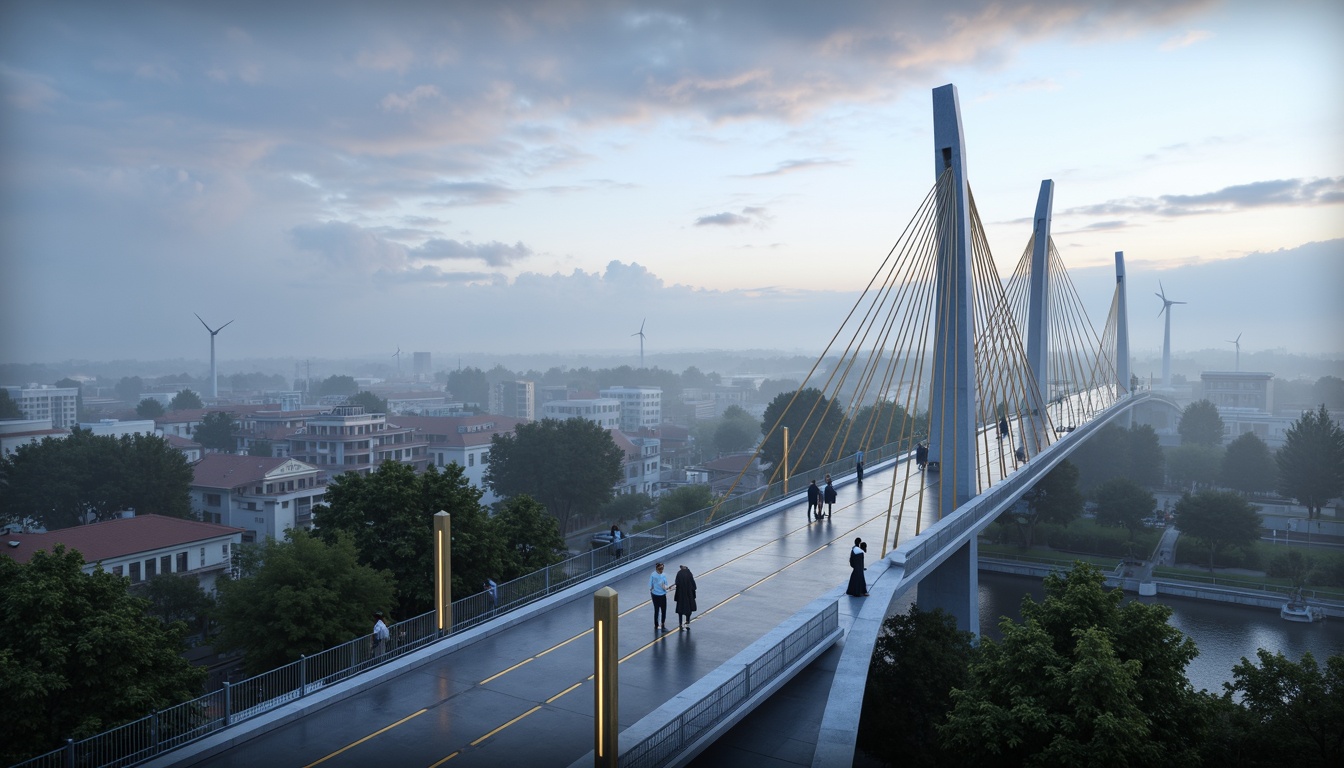 Prompt: Futuristic bridge design, sleek steel structures, advanced composite materials, sustainable energy harvesting systems, kinetic wind turbines, solar panel integration, iridescent LED lighting, parametric architecture, futuristic urban landscape, misty atmospheric conditions, shallow depth of field, 1/1 composition, cinematic camera angles, realistic reflection mapping, ambient occlusion.