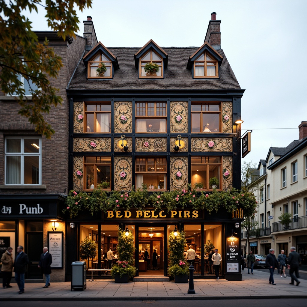 Prompt: Vibrant pub facade, traditional regionalism, rustic wooden accents, ornate stone carvings, steeply pitched roofs, chimneys, dormer windows, floral patterns, earthy color palette, warm golden lighting, cozy atmosphere, bustling streetscape, lively pedestrian traffic, 1/2 composition, shallow depth of field, soft focus effect, realistic textures, ambient occlusion.