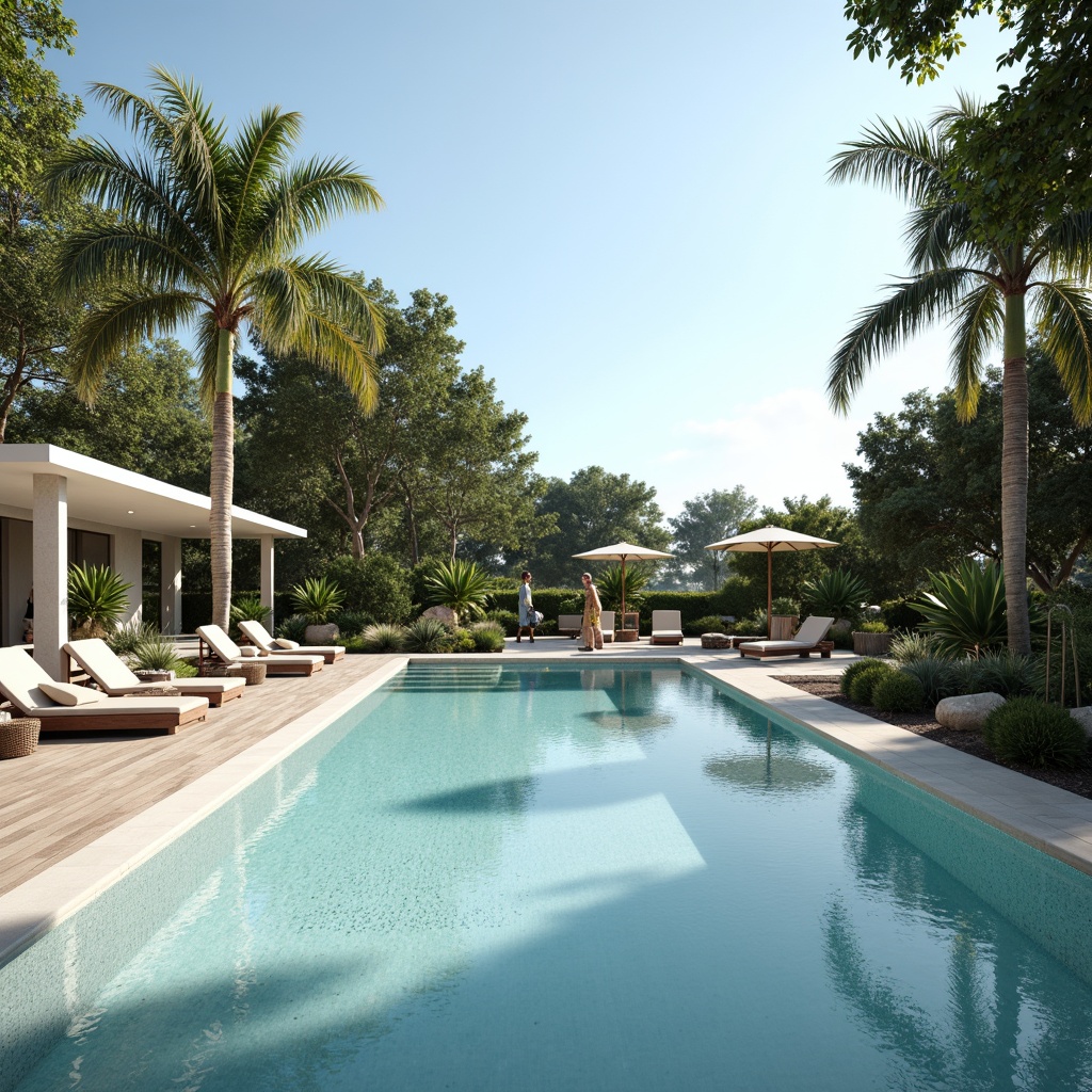 Prompt: Sleek minimalistic pool, infinity edges, crystal-clear water, surrounding modernist architecture, clean lines, monochromatic color scheme, lush greenery, palm trees, wooden decking, lounge chairs, umbrella shades, warm sunny day, soft natural lighting, shallow depth of field, 1/1 composition, symmetrical view, realistic reflections, ambient occlusion.