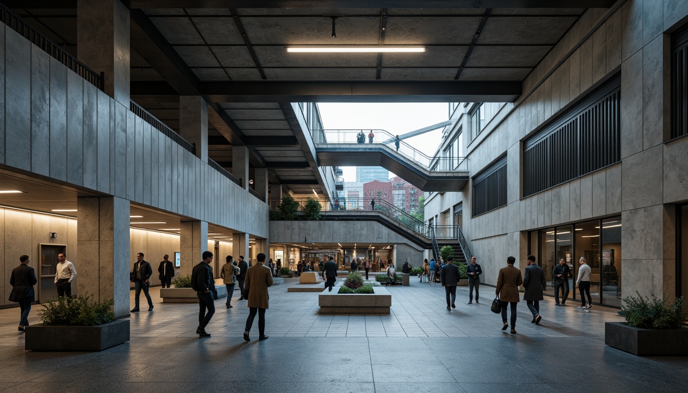 Prompt: Exposed concrete columns, raw brutalist architecture, industrial-style lighting fixtures, rugged stone walls, metallic beams, urban metro atmosphere, busy commuter crowds, modern cityscape, concrete floor tiles, stainless steel handrails, functional minimalism, dramatic staircases, cantilevered platforms, overhead pedestrian walkways, abstract geometric patterns, cold harsh lighting, high-contrast shadows, 2/3 composition, cinematic framing, realistic textures, ambient occlusion.