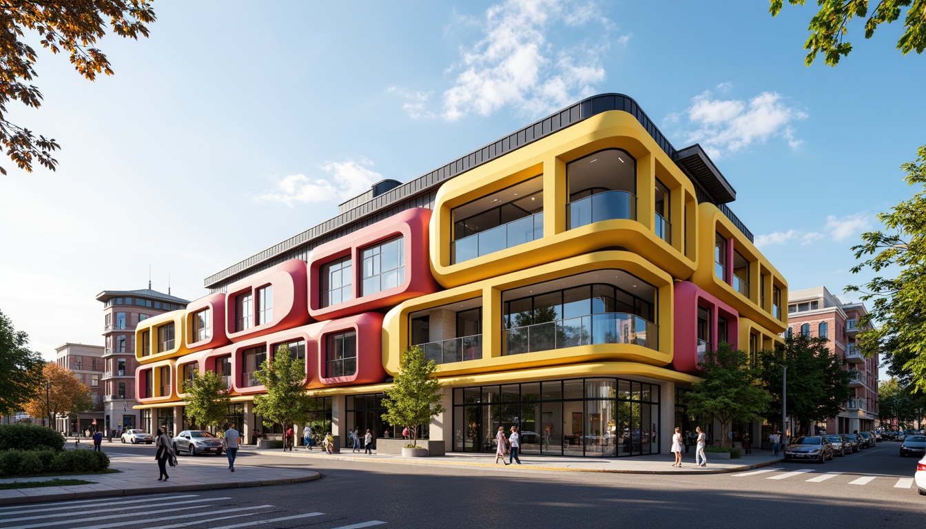 Prompt: Vibrant high school building, eclectic facade, bold color scheme, dynamic angular lines, irregular shapes, modern vernacular architecture, large windows, glass doors, cantilevered roofs, exposed ductwork, industrial materials, urban landscape, bustling streets, morning sunlight, shallow depth of field, 1/2 composition, realistic textures, ambient occlusion.