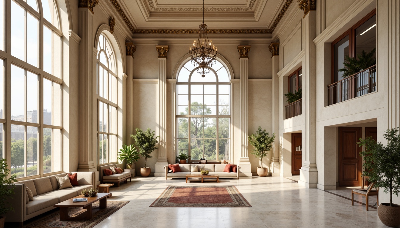 Prompt: Grand neoclassical loft, high ceilings, large windows, natural light pouring in, elegant chandeliers, marble flooring, ornate moldings, Corinthian columns, sweeping arches, refined stucco walls, soft warm color palette, luxurious velvet furnishings, intricate carvings, subtle patterned rugs, ornamental metalwork, airy open spaces, minimalist decor, subtle ambient lighting, shallow depth of field, 1/1 composition, realistic textures, ambient occlusion.