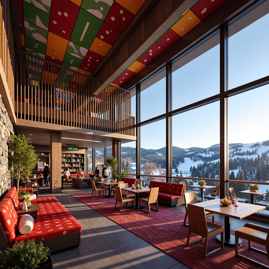 Prompt: Vibrant ski center, eclectic color scheme, bold stripes, bright polka dots, playful plaids, warm wood accents, rustic stone walls, modern metal beams, contrasting textures, dynamic lighting, snowy mountainous background, frosty mornings, misty afternoons, dramatic sunsets, panoramic views, 1/2 composition, cinematic atmosphere, realistic rendering, ambient occlusion.