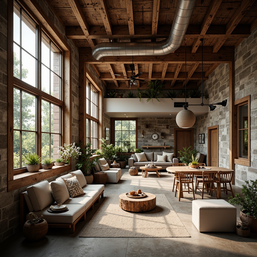 Prompt: Rustic wooden accents, reclaimed timber, weathered metal frames, earthy color palette, natural stone walls, eco-friendly insulation, sustainable building materials, low-maintenance design, robust construction, industrial chic aesthetic, urban loft atmosphere, soft warm lighting, shallow depth of field, 3/4 composition, panoramic view, realistic textures, ambient occlusion.