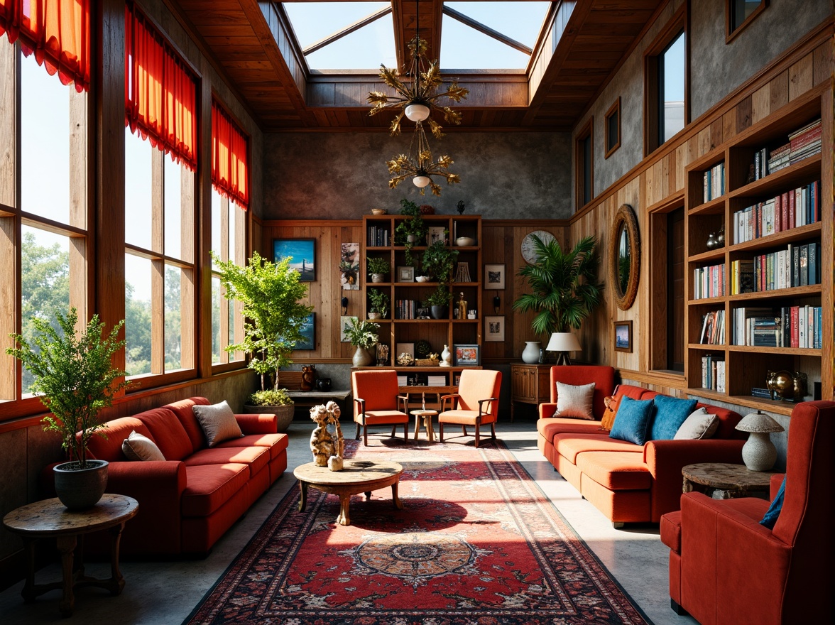 Prompt: Vibrant eclectic interior, rich wood accents, ornate metal fixtures, plush velvet fabrics, antique furniture pieces, bold colorful patterns, distressed textures, natural stone walls, large windows, clerestory windows, skylights, soft warm daylight, indirect lighting, layered curtains, sheer drapes, 1/1 composition, shallow depth of field, realistic shadows, ambient occlusion.