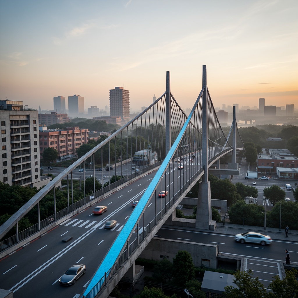 Prompt: Sleek modern bridge, curved steel arches, cable-stayed suspension, futuristic LED lighting, dynamic urban landscape, busy city traffic, misty morning atmosphere, warm golden hour, shallow depth of field, 3/4 composition, symmetrical architecture, minimalist design, durable concrete foundations, weathered steel surfaces, rhythmic railing patterns, vibrant blue accents, abstract geometric shapes, high-contrast textures, ambient occlusion.