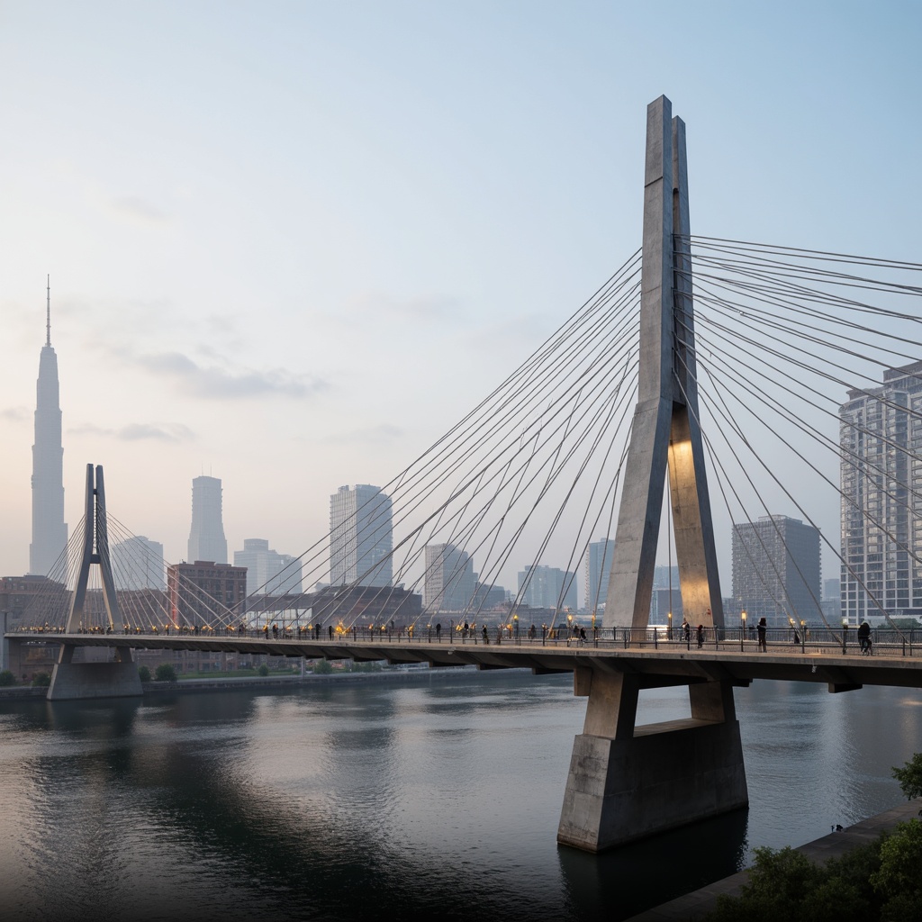 Prompt: Modern bridge, sleek cable-stayed design, silver metallic coatings, LED lighting strips, asymmetrical piers, cantilevered walkways, rust-resistant steel railings, glass fiber reinforced concrete decks, aerodynamic fairings, urban cityscape background, misty morning atmosphere, warm softbox lighting, shallow depth of field, 2/3 composition, realistic reflections, ambient occlusion.