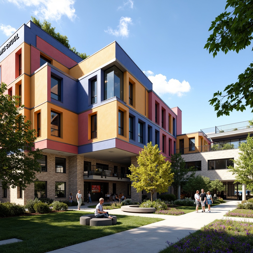 Prompt: Vibrant high school building, eclectic fa\u00e7ade design, bold color blocking, irregular shapes, dynamic angles, cantilevered structures, oversized windows, industrial metal frames, exposed brick walls, decorative stonework, lush green roofs, outdoor learning spaces, shaded courtyards, modern educational signage, collaborative seating areas, energetic lighting, shallow depth of field, 2/3 composition, wide-angle lens, realistic textures, ambient occlusion.