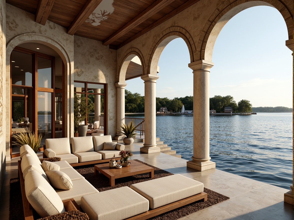 Prompt: Luxurious boathouse, serene waterfront, rippling lake waves, majestic marble cladding, elegant columns, sophisticated arches, opulent interior design, lavish furnishings, warm ambient lighting, 3/4 composition, shallow depth of field, natural stone flooring, wooden accents, nautical themed decor, floor-to-ceiling windows, sliding glass doors, breathtaking lake views, sunny day, soft warm glow.