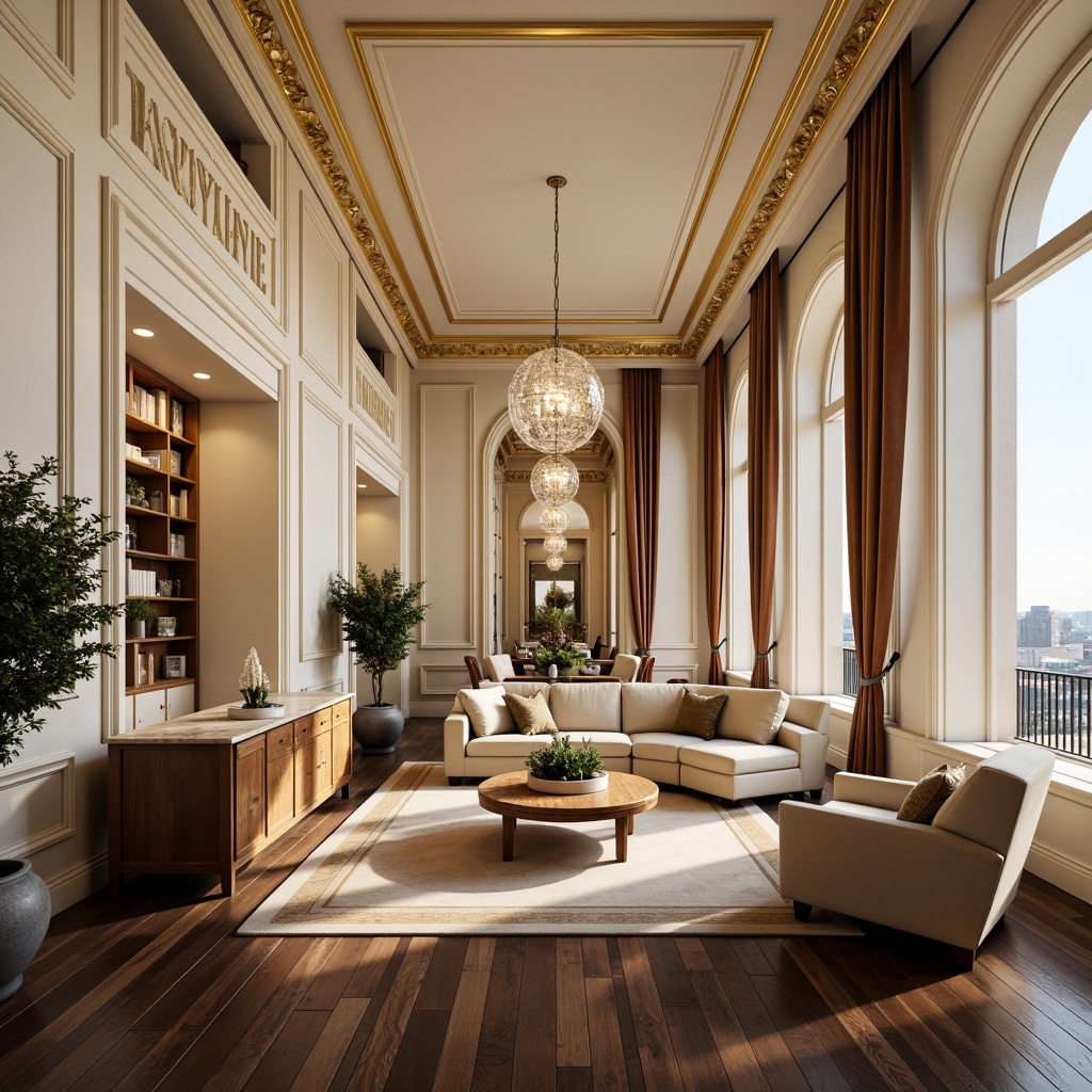 Prompt: Luxurious penthouse, neoclassical architecture, cream-colored walls, ornate moldings, golden accents, lavish furnishings, velvet drapes, crystal chandeliers, dark hardwood floors, rich marble countertops, grand staircase, high ceilings, elegant archways, soft warm lighting, atmospheric shading, 1/1 composition, realistic textures, ambient occlusion.