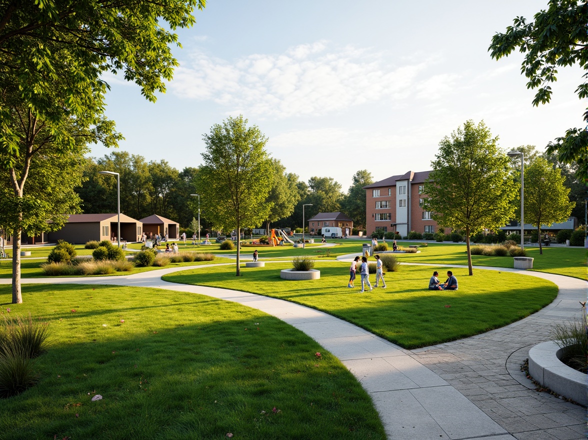 Prompt: Vibrant community park, lush green lawns, walking trails, recreational facilities, playground equipment, picnic areas, seating benches, public art installations, natural stone pathways, modern streetlights, urban forestry, sunny afternoon, soft warm lighting, shallow depth of field, 3/4 composition, panoramic view, realistic textures, ambient occlusion.