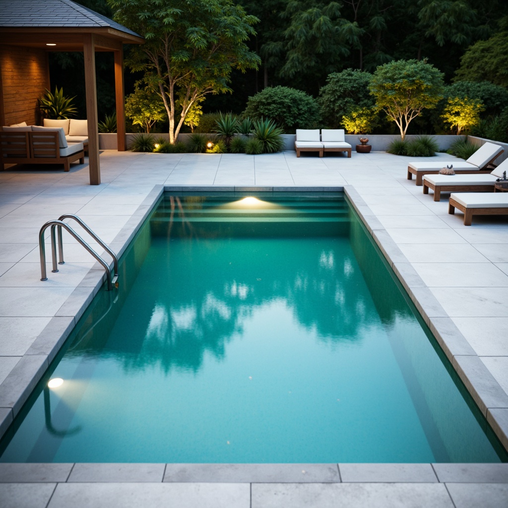 Prompt: Simple rectangular pool shape, calm turquoise water, sleek concrete surround, minimalist coping stones, subtle LED lighting, modern ladders, stainless steel handrails, plain white pool deck, smooth grey stone flooring, sparse greenery, few lounge chairs, natural wood accents, soft warm ambiance, shallow depth of field, 1/1 composition, realistic reflections, ambient occlusion.