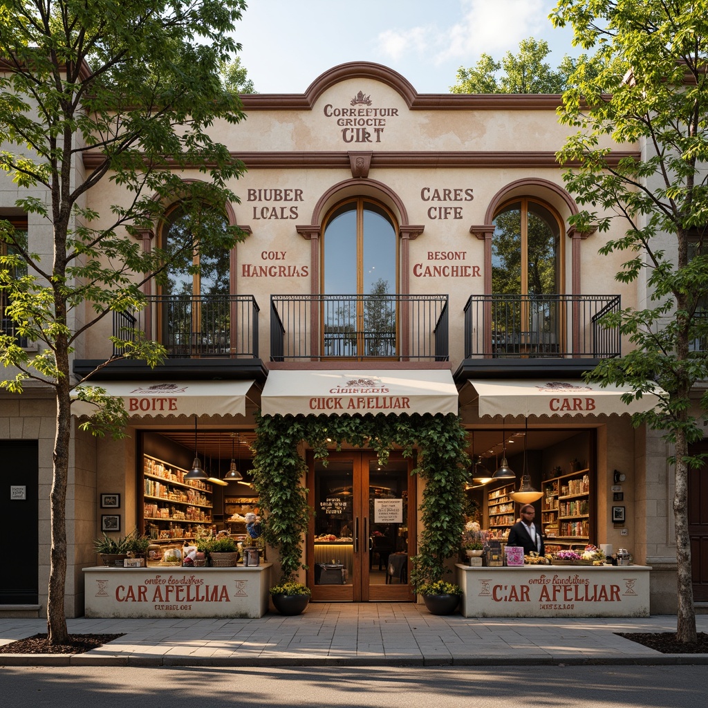 Prompt: Whimsical grocery store fa\u00e7ade, ornate wooden accents, distressed finishes, vintage signage, eclectic typography, soft pastel hues, floral patterns, decorative ironwork, arched windows, rustic brick walls, greenery-adorned canopies, warm golden lighting, shallow depth of field, 1/1 composition, realistic textures, ambient occlusion.