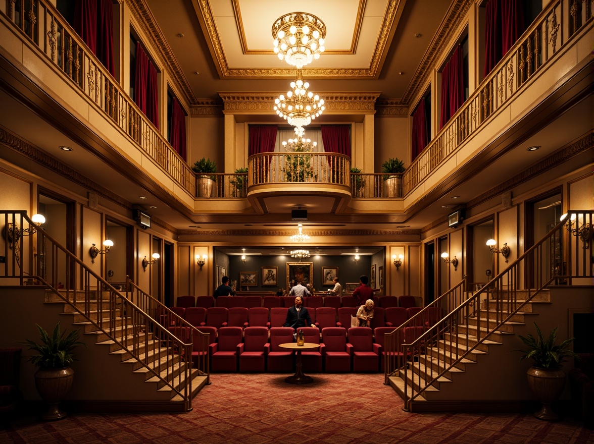 Prompt: Elegant cinema interior, neoclassical architecture, ornate moldings, gilded details, rich velvet drapes, luxurious chandeliers, grandiose staircases, warm golden lighting, soft focus lens, shallow depth of field, 1/1 composition, cinematic color palette, muted earth tones, deep red accents, subtle cream hues, sophisticated dark blues, opulent emerald greens, lavish purple shades, intricate ornate patterns, classic film noir atmosphere, nostalgic cinematography.