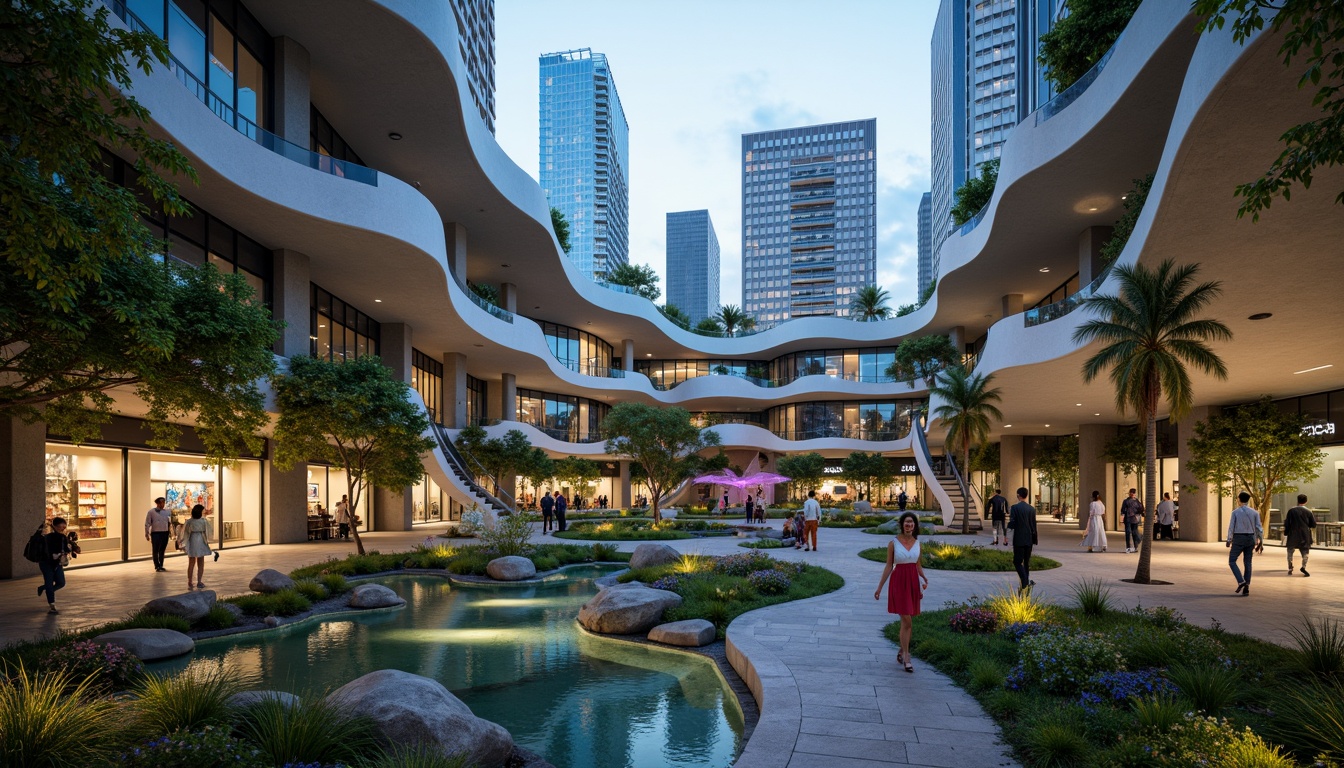 Prompt: Organic blob-shaped buildings, futuristic retail spaces, undulating green roofs, curved walkways, abstract sculptures, vibrant neon lights, glowing accents, misty water features, natural stone flooring, iridescent glass facades, flowing curves, avant-garde architecture, cyberpunk vibes, urban oasis, bustling cityscape, 1/1 composition, dramatic low-angle shot, cinematic lighting, high-contrast textures, atmospheric fog effect.