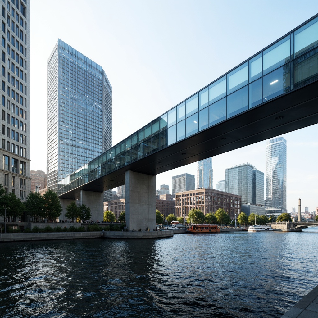 Prompt: Translucent glass panels, sleek steel framework, minimalist bridge design, urban cityscape, modernist architecture, geometric shapes, clean lines, functional simplicity, industrial materials, natural light reflections, rippling water effects, dynamic shadows, low-angle photography, 1/2 composition, realistic glass textures, ambient occlusion.