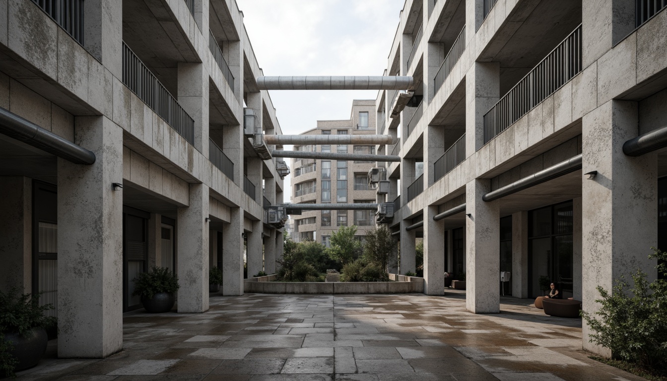 Prompt: Raw concrete textures, exposed ductwork, industrial pipes, brutalist architecture, fortress-like structures, angular geometries, rugged stone walls, metal beams, minimalist decor, urban cityscape, overcast sky, dramatic shadows, high-contrast lighting, 1/1 composition, symmetrical framing, moody atmosphere, harsh weathering effects, distressed finishes, utilitarian aesthetic, functional design elements, mechanical details, bold architectural forms.