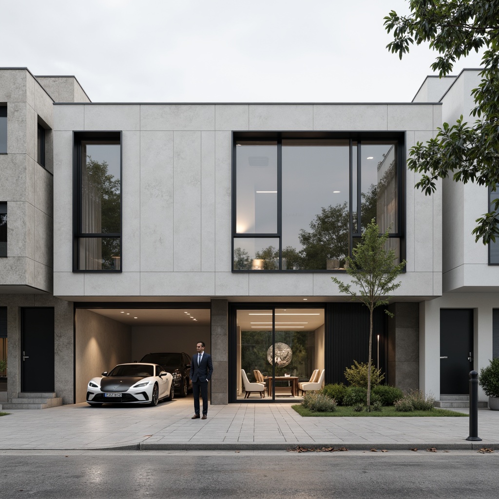 Prompt: Clean minimalist facade, simple rectangular forms, neutral color palette, large glass windows, slim metal frames, hidden LED lighting, subtle texture variations, industrial materials, brutalist concrete walls, abstract geometric patterns, monochromatic tone, natural light filtering, shallow depth of field, 1/1 composition, atmospheric perspective, realistic material rendering, ambient occlusion.