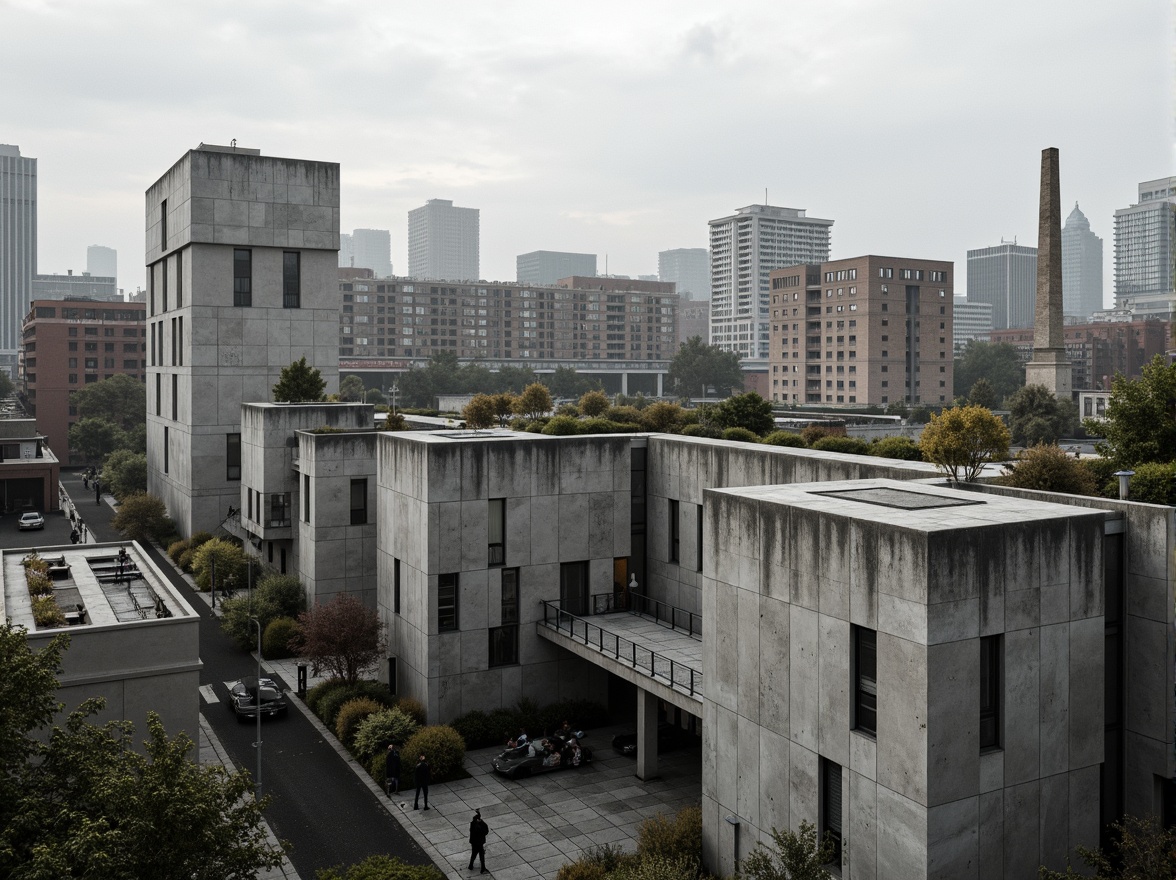 Prompt: Concrete brutalist buildings, urban cityscape, industrial landscapes, rugged textures, raw concrete surfaces, fortress-like structures, monumental scale, imposing presence, urban renewal projects, integrated public spaces, pedestrian walkways, cycling infrastructure, green roofs, rainwater harvesting systems, gray tone color palette, overcast skies, dramatic shadows, high-contrast lighting, 2/3 composition, atmospheric perspective, realistic weathering effects.