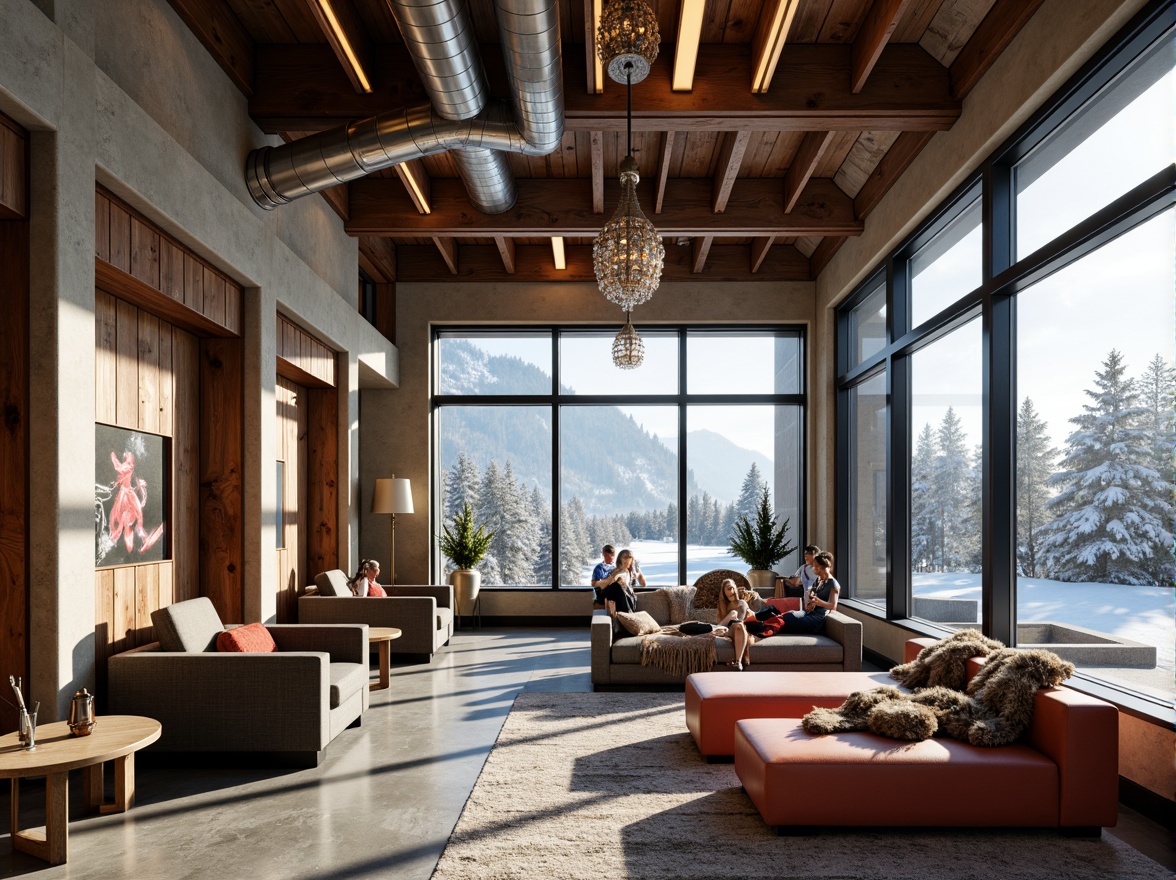 Prompt: Vibrant ski resort, eclectic architecture, wooden accents, metallic frames, glass facades, natural stone walls, reclaimed wood cladding, distressed finishes, industrial lighting fixtures, exposed ductwork, concrete floors, minimalist decor, bold color schemes, abstract art pieces, retro-inspired furniture, plush textiles, faux fur throws, statement chandeliers, dramatic ceiling heights, panoramic mountain views, snow-capped peaks, frosty morning light, soft powder snow, 3/4 composition, shallow depth of field.