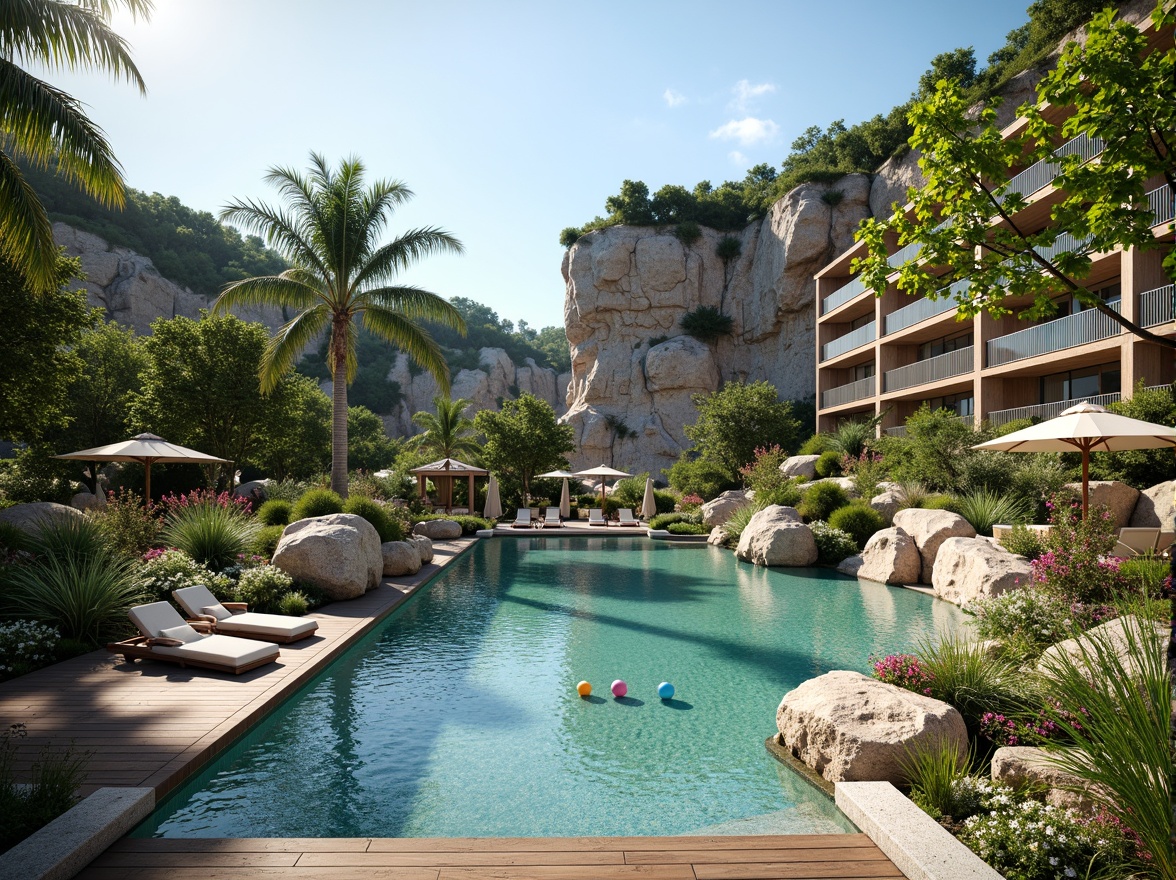 Prompt: Natural rock formations, lush greenery, tranquil water features, infinity edge pool, sunken seating areas, wooden decking, outdoor lounge chairs, colorful beach balls, tropical plants, palm trees, vibrant floral arrangements, warm sunny day, soft gentle lighting, shallow depth of field, 3/4 composition, panoramic view, realistic textures, ambient occlusion.