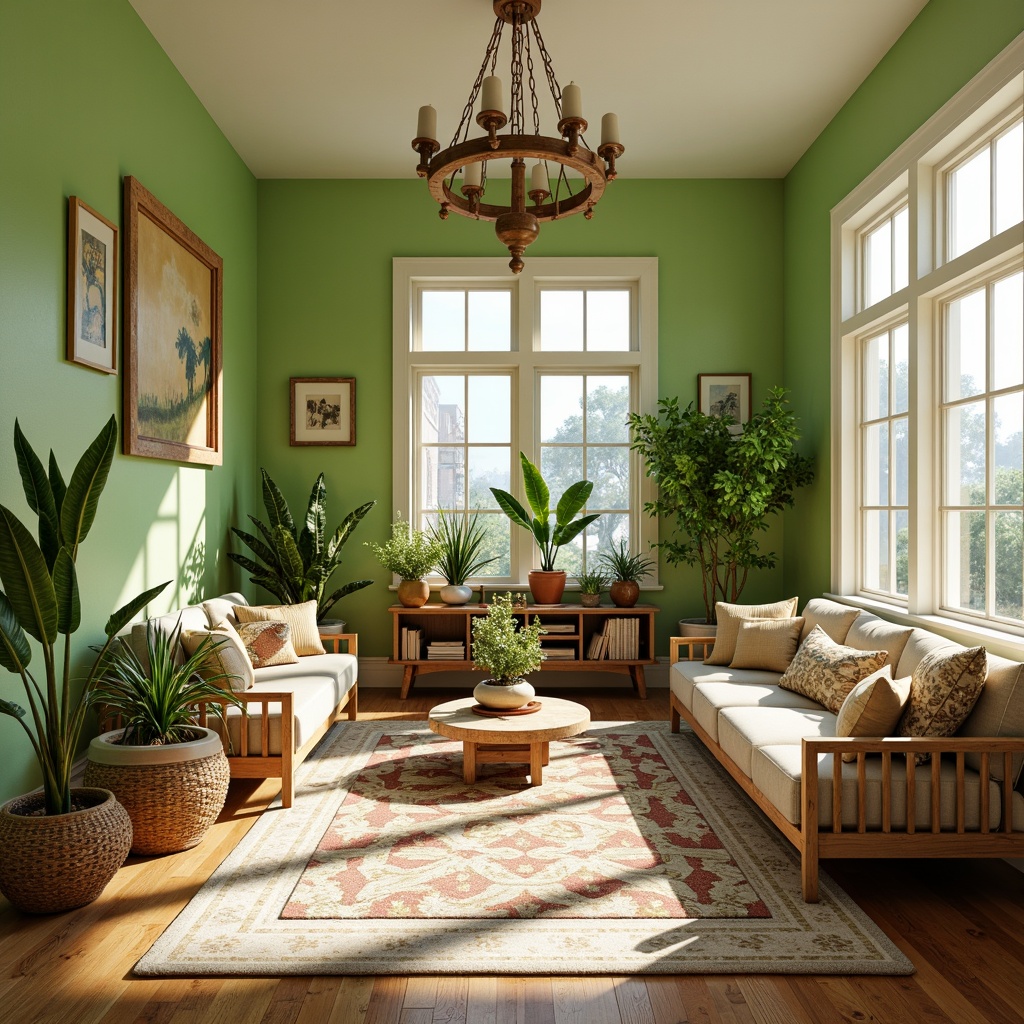 Prompt: Vibrant lime accent walls, soft mint greenery, creamy white trim, warm beige furniture, natural wood flooring, eclectic bohemian decor, whimsical patterned textiles, lush tropical plants, sunny afternoon lighting, shallow depth of field, 1/2 composition, realistic textures, ambient occlusion.