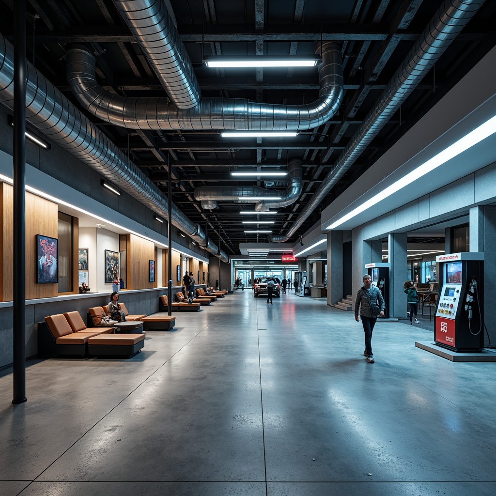 Prompt: Modern gas station interior, vaulted ceilings, industrial-chic design, exposed ductwork, polished concrete floors, sleek metal accents, LED lighting, futuristic fuel pumps, minimalist seating areas, urban-inspired color schemes, geometric patterns, high-gloss finishes, 3/4 composition, shallow depth of field, softbox lighting, realistic reflections.