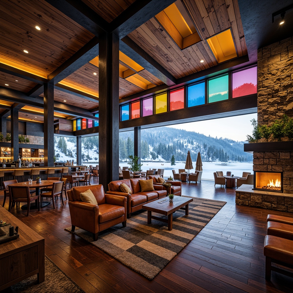 Prompt: Vibrant ski resort, eclectic architecture, rustic wooden accents, industrial metal beams, colorful glass panels, natural stone walls, reclaimed wood furniture, cozy fireplaces, vintage skiing equipment, distressed leather upholstery, warm ambient lighting, soft snowflakes, mountainous landscape, evergreen trees, frozen lake, morning mist, cinematic composition, shallow depth of field, realistic textures, atmospheric fog.