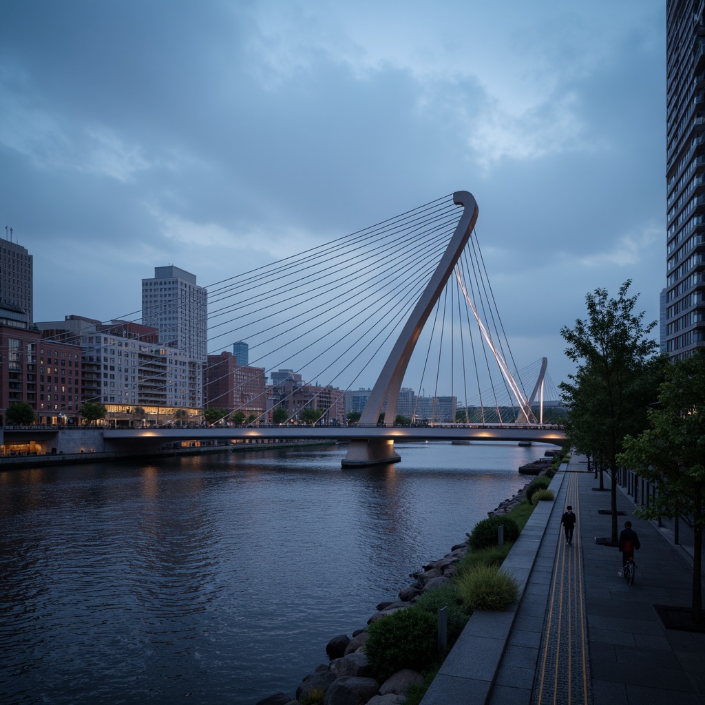 Prompt: Sleek modern bridges, cantilevered structures, suspension cables, steel beams, futuristic architecture, dynamic curves, LED light installations, urban cityscape, riverbanks, waterfront promenade, pedestrian walkways, cyclist paths, evening ambient lighting, misty atmospheric effects, shallow depth of field, 1/2 composition, symmetrical framing, realistic metallic textures, detailed structural elements.