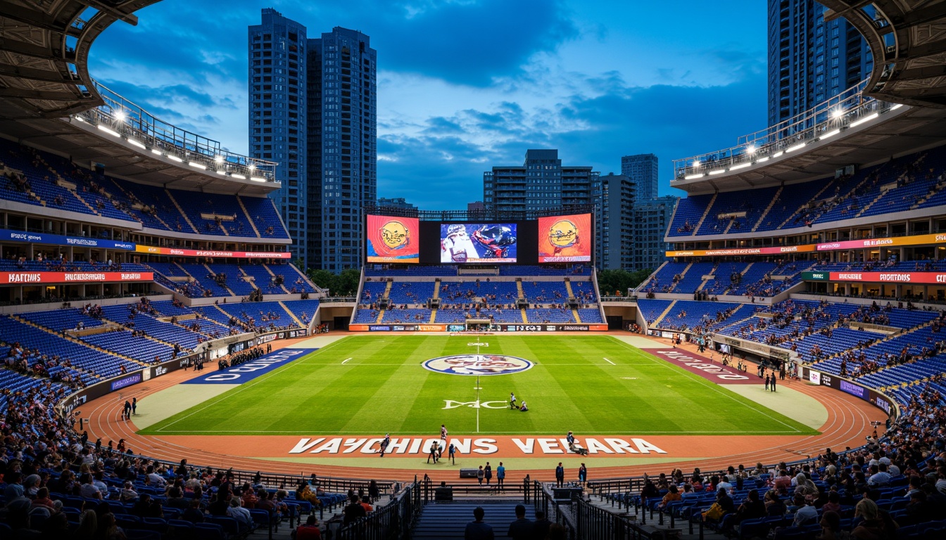 Prompt: Vibrant football stadium, dynamic color scheme, bold team logos, energetic crowd atmosphere, lush green turf, athletic track surrounds, sleek metal bleachers, modern LED scoreboards, transparent glass fa\u00e7ades, urban cityscape backdrop, dramatic nighttime lighting, deep blues and reds, contrasting whites and yellows, abstract geometric patterns, futuristic architecture, angular lines, industrial materials, state-of-the-art amenities, bustling concourses, concession stands, team spirit decorations, panoramic views, realistic textures, ambient occlusion.